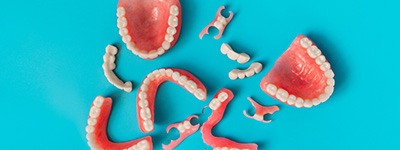 Bird’s eye view of several sets of full and partial dentures