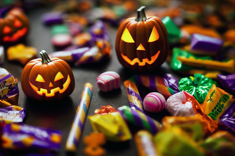 Tiny Jack-o-lanterns surrounded by Halloween candy