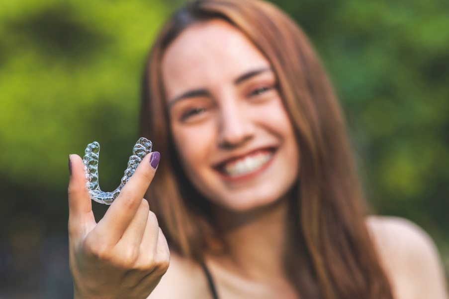 Woman holding Invisalign up to camera